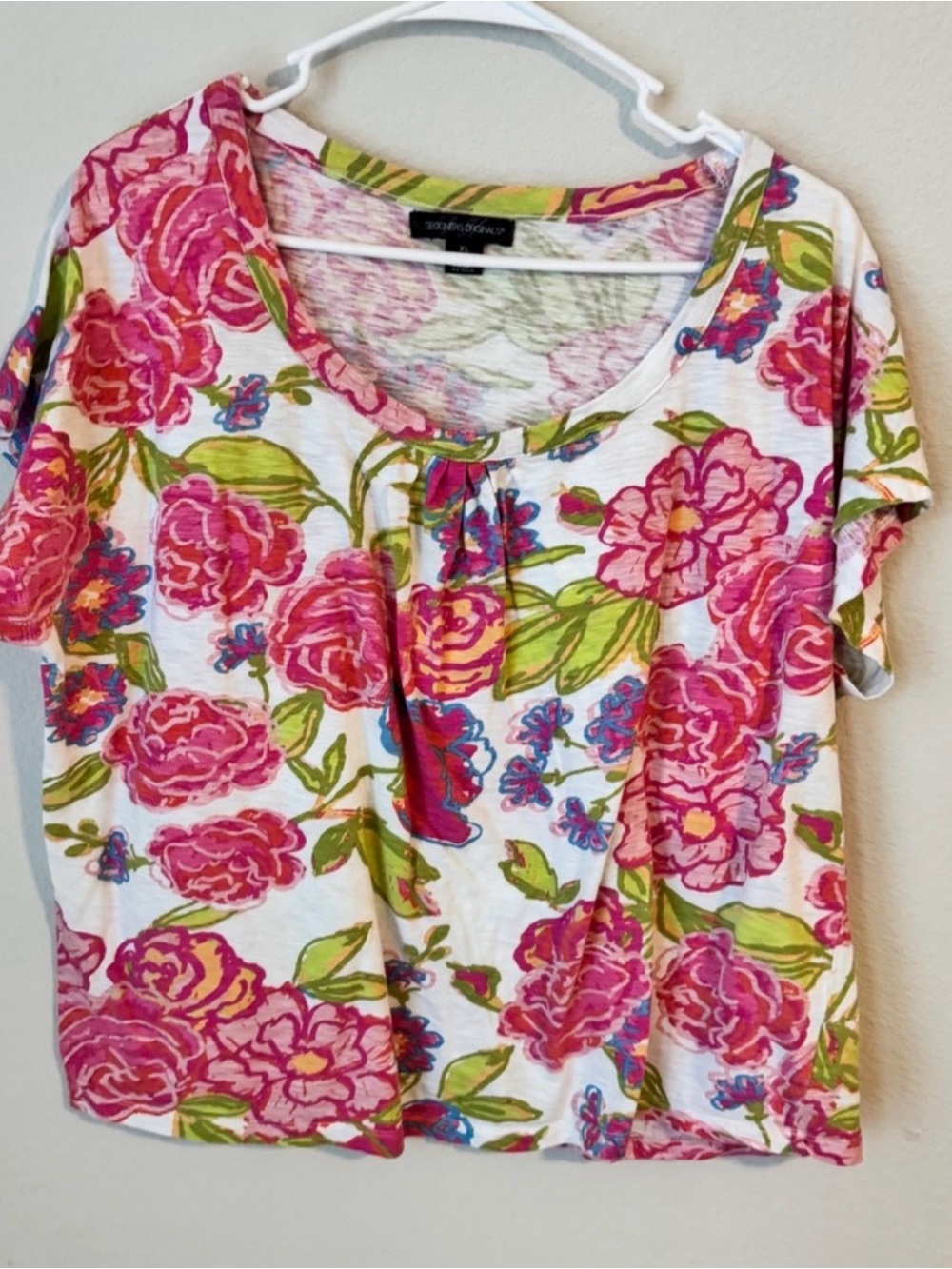 Designers Originals Womens XL Pink Green Floral Slub Knit Scoop Neck Pleated Top